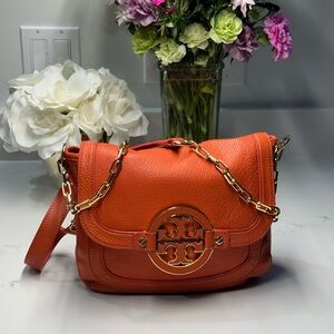 Tory Burch Amanda Orange Pebbled Leather Shoulder Crossbody Bag with Gold Chain